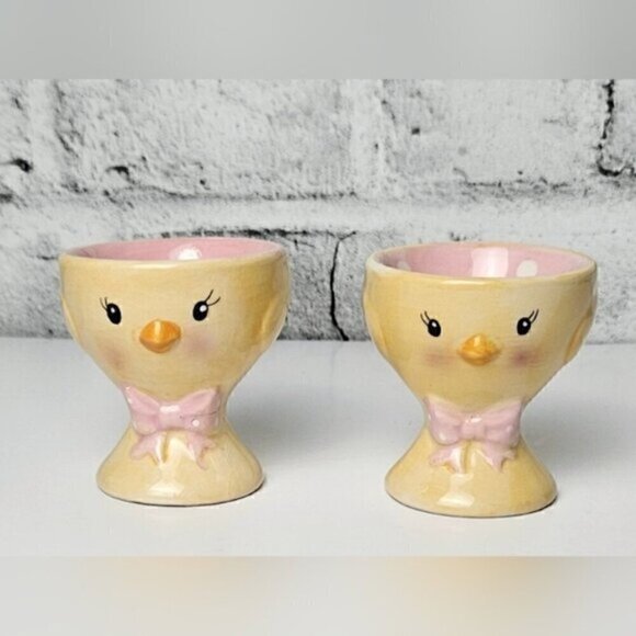 Vintage Chick Egg Cups – Pink Bow Ceramic Set of 2 | Kawaii Easter Decor - Picture 1 of 9